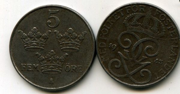 Монета 5 эрэ 1943г Швеция