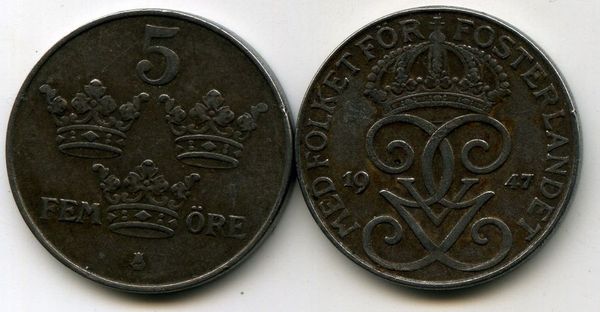 Монета 5 эрэ 1947г Швеция