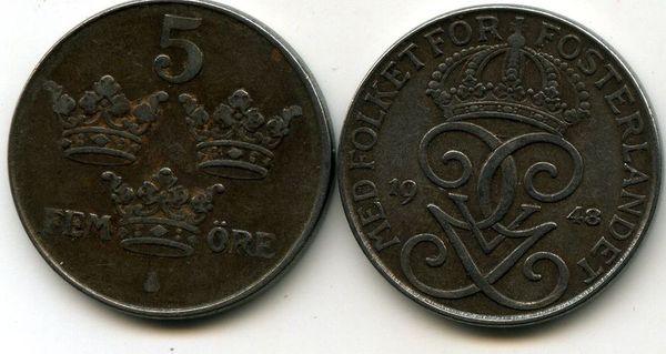Монета 5 эрэ 1948г Швеция