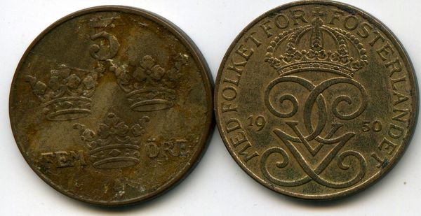 Монета 5 эрэ 1950г Швеция