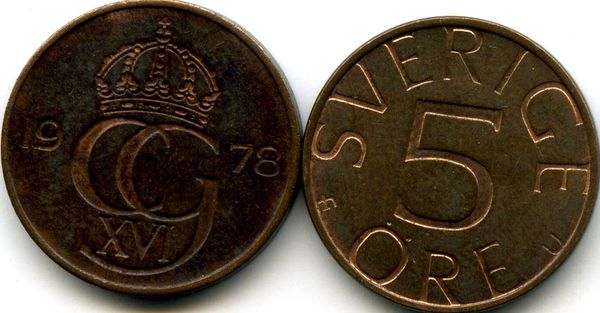 Монета 5 эрэ 1978г Швеция