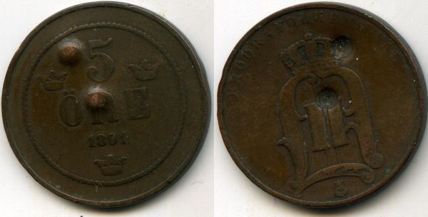 Монета 5 эрэ 1891г сост Швеция