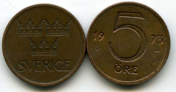 Монета 5 эрэ 1973г Швеция