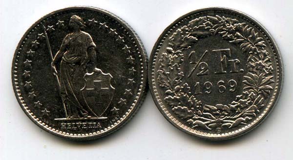 Монета 1/2 франка 1969г Швейцария