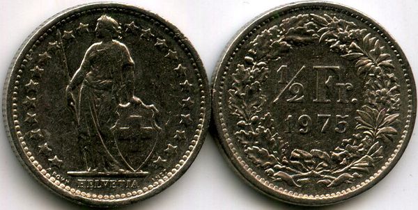 Монета 1/2 франка 1975г Швейцария