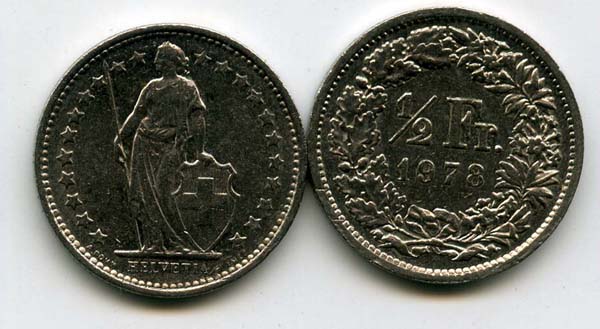 Монета 1/2 франка 1978г Швейцария