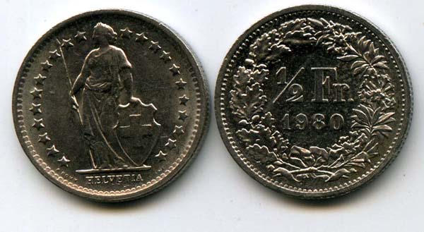 Монета 1/2 франка 1980г Швейцария