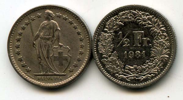 Монета 1/2 франка 1981г Швейцария