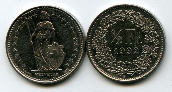 Монета 1/2 франка 1992г Швейцария