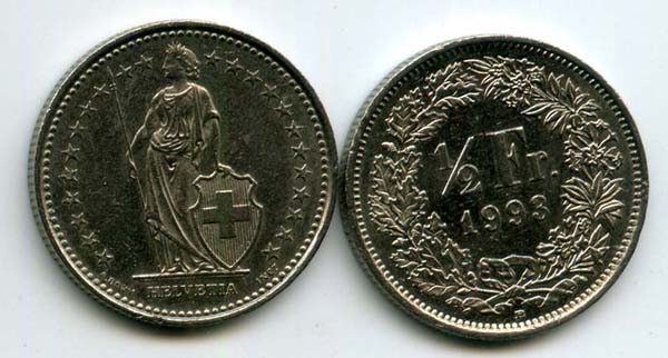 Монета 1/2 франка 1993г Швейцария