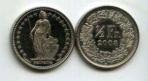 Монета 1/2 франка 2008г Швейцария