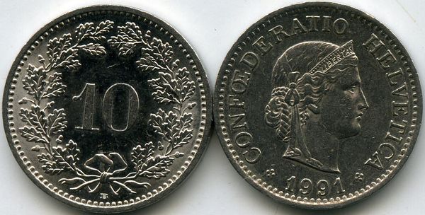 Монета 10 раппен 1991г Швейцария