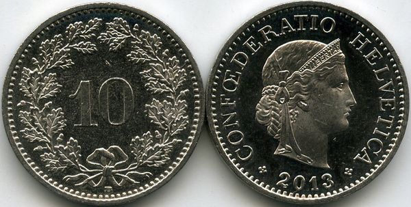 Монета 10 раппен 2013г Швейцария