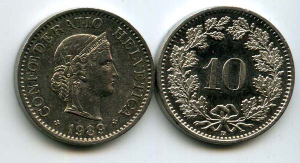 Монета 10 раппен 1989г Швейцария