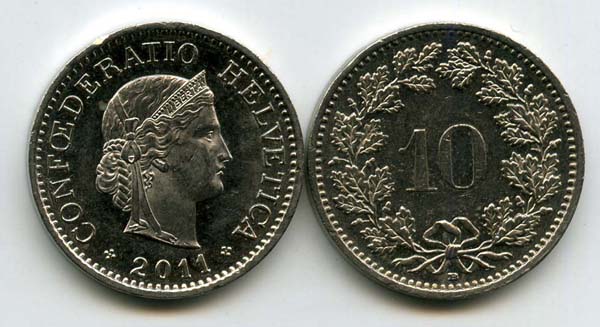 Монета 10 раппен 2011г Швейцария
