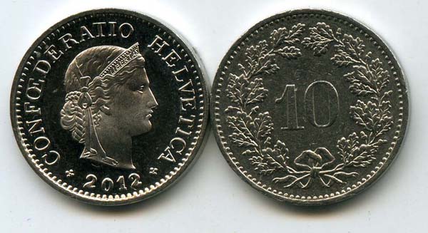 Монета 10 раппен 2012г Швейцария