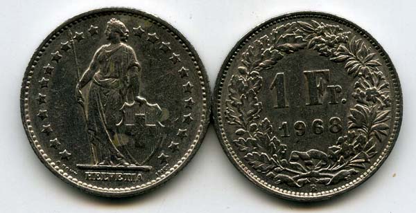 Монета 1 франк 1968г Швейцария