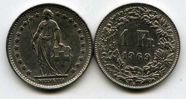 Монета 1 франк 1969г Швейцария