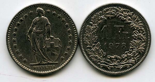 Монета 1 франк 1978г Швейцария