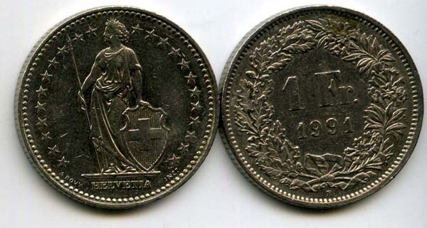 Монета 1 франк 1991г Швейцария