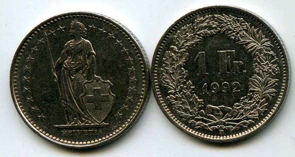 Монета 1 франк 1992г Швейцария