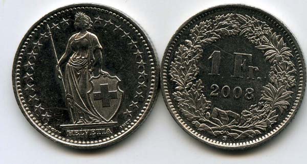 Монета 1 франк 2008г Швейцария
