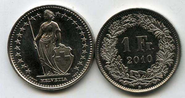 Монета 1 франк 2010г Швейцария