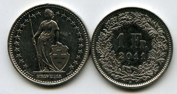 Монета 1 франк 2011г Швейцария