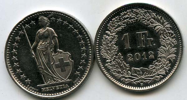 Монета 1 франк 2012г Швейцария