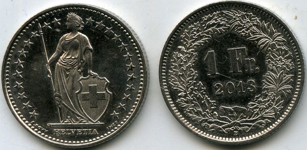 Монета 1 франк 2013г Швейцария