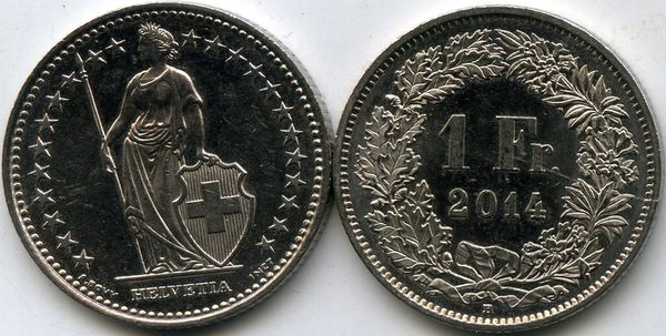 Монета 1 франк 2014г Швейцария
