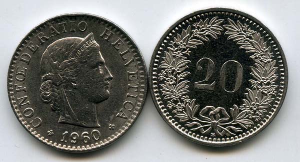 Монета 20 раппен 1960г Швейцария