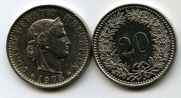 Монета 20 раппен 1975г Швейцария