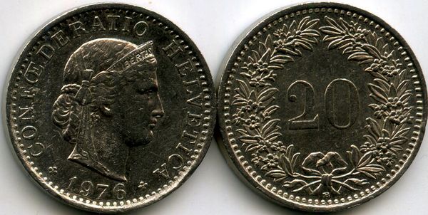 Монета 20 раппен 1976г Швейцария