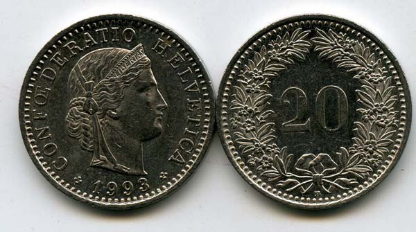 Монета 20 раппен 1993г Швейцария