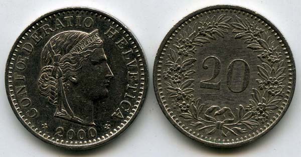 Монета 20 раппен 2000г Швейцария