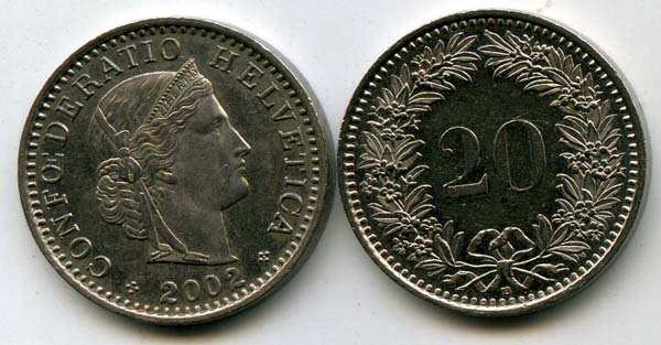 Монета 20 раппен 2002г Швейцария