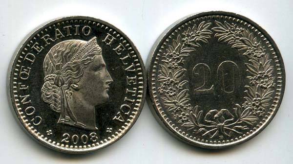 Монета 20 раппен 2008г Швейцария
