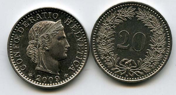 Монета 20 раппен 2009г Швейцария
