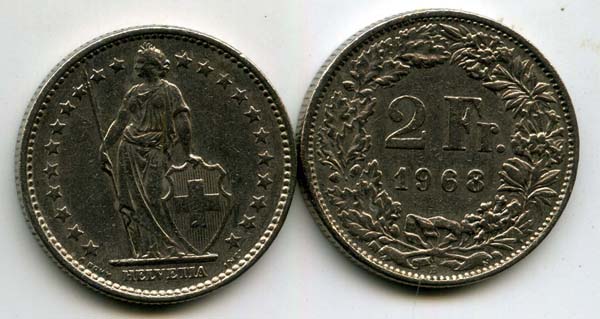 Монета 2 франка 1968г Швейцария