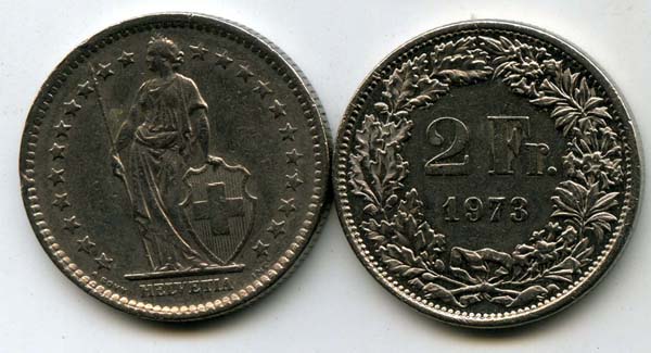 Монета 2 франка 1973г Швейцария