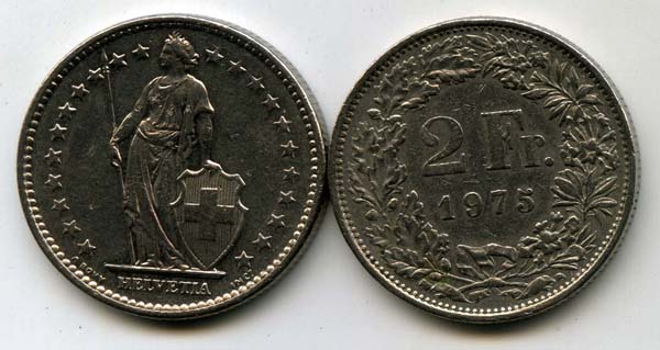 Монета 2 франка 1975г Швейцария