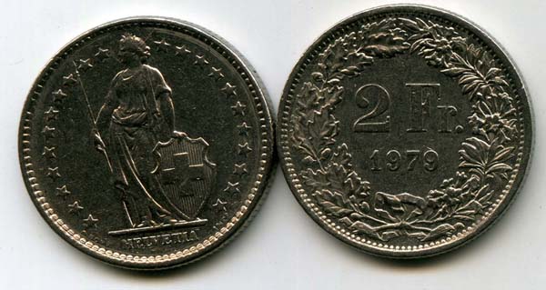Монета 2 франка 1979г Швейцария
