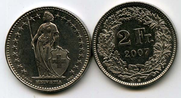 Монета 2 франка 2007г Швейцария