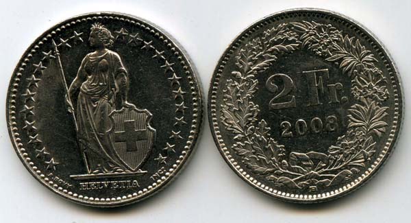 Монета 2 франка 2008г Швейцария