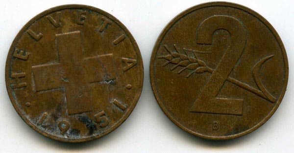 Монета 2 раппена 1951г Швейцария