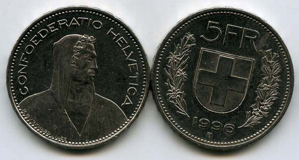 Монета 5 франков 1996г Швейцария