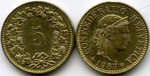 Монета 5 раппен 1987г Швейцария