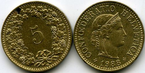 Монета 5 раппен 1988г Швейцария