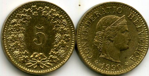 Монета 5 раппен 1990г Швейцария